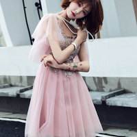 Pink v neck tulle lace short prom dress, cocktail dress - Thumbnail 2