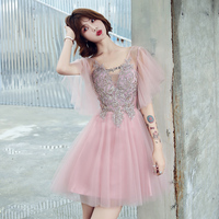 Pink v neck tulle lace short prom dress, cocktail dress - Thumbnail 4