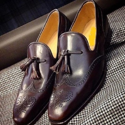 Handmade men's brown leather shoes, men tassel loafer formal dress fashion shoes