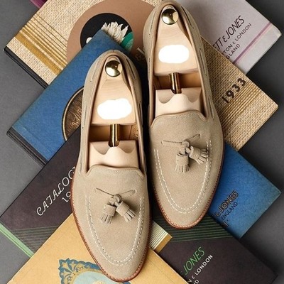 Handmade men’s suede loafer dress shoes, men beige moccasin slip on tussles shoe