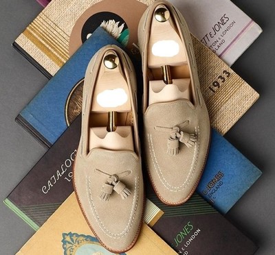 Handmade Men’s Suede Loafer Dress Shoes, Men Beige Moccasin Slip On Tussles Shoe