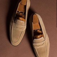 Handmade Men’s Suede Penny Loafers Shoes, Men’s Beige Moccasin Slip On Shoes - Thumbnail 4