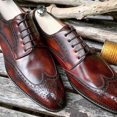 Handmade men’s leather lace up dress shoes, men burgundy wing tip brogue shoes