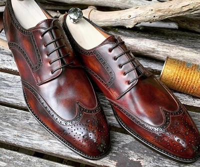 Handmade Men’s Leather Lace Up Dress Shoes, Men Burgundy Wing Tip Brogue Shoes