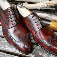Handmade Men’s Leather Lace Up Dress Shoes, Men Burgundy Wing Tip Brogue Shoes - Thumbnail 4