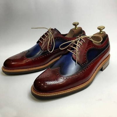 Handmade men’s leather shoes, men navy blue burgundy wing tip brogue shoes
