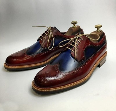 Handmade Men’s Leather Shoes, Men Navy Blue Burgundy Wing Tip Brogue Shoes