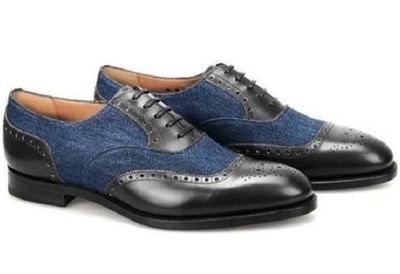 Handmade Men’s Leather Suede Lace Up Shoes, Men Navy Blue Black Brogue Shoes