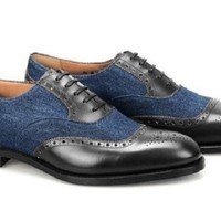 Handmade Men’s Leather Suede Lace Up Shoes, Men Navy Blue Black Brogue Shoes - Thumbnail 4