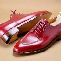 Handmade Men’s Leather Lace Up Shoes, Men Burgundy Split Toe Dress Formal Shoes - Thumbnail 4