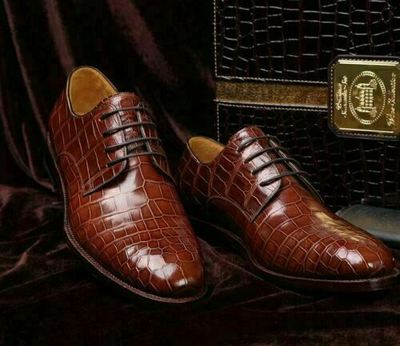 Mens Formal Shoes Handmade Brown Leather Crocodile Derby Lace-Up Casual Boot New