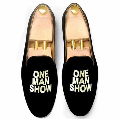 Mens handmade shoes black velvet embroidered slipper one man show slip-on loafer