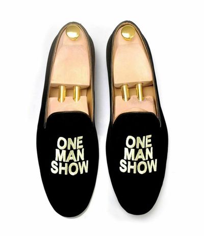 Mens Handmade Shoes Black Velvet Embroidered Slipper One Man Show Slip-on Loafer