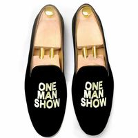 Mens Handmade Shoes Black Velvet Embroidered Slipper One Man Show Slip-on Loafer - Thumbnail 1