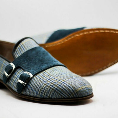 Mens handmade shoes two tone fabric & velvet slip on double monk formal boot new