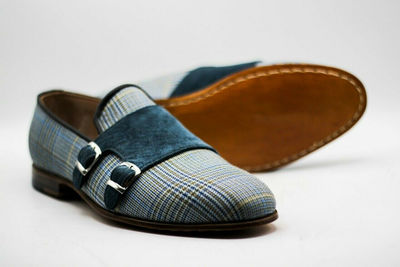 Mens Handmade Shoes Two Tone Fabric & Velvet Slip On Double Monk Formal Boot New