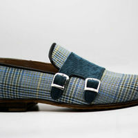 Mens Handmade Shoes Two Tone Fabric & Velvet Slip On Double Monk Formal Boot New - Thumbnail 2