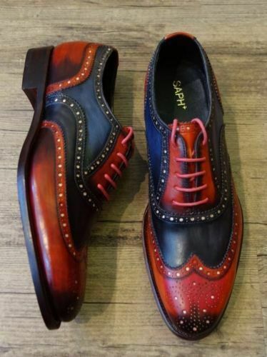 Mens Handmade Shoes Brogue Wingtip Two Tone Leather Latest Style Formal Boots