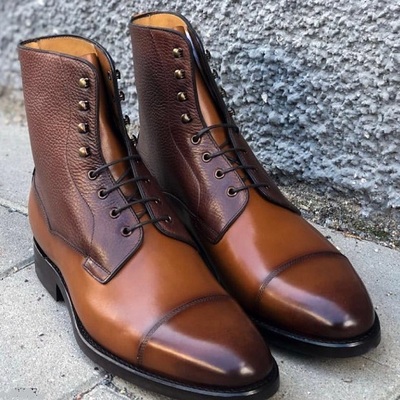 Handmade men two tone tan brown wingtip cap toe boots leather boot, men ankle shoes - Thumbnail 4