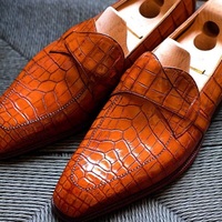 New Men’s Leather Shoes, Formal Crocodile Texture Leather Men derby Brown Shoe - Thumbnail 1