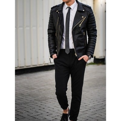 New men fashion trend black motorcycle leather jacket, biker fashions - Thumbnail 5