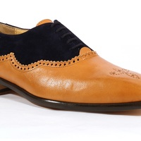New Handmade Men Franco Italian Camel / Blue Leather and Suede Oxfords Shoes - Thumbnail 4