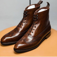 Handmade Men's Ankle High Boot, Men's Brown Leather Wing Tip Lace Up Casual Boot. - Thumbnail 1
