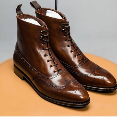 Handmade men's ankle high boot, men's brown leather wing tip lace up casual boot. - Thumbnail 1