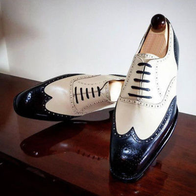 Handmade white black leather formal tuxedo shoes