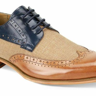 Men’s handmade two tone tan blue derby wing tip tweed leather lace up shoes