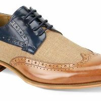 Men’s Handmade Two Tone Tan Blue Derby Wing Tip Tweed Leather Lace up Shoes - Thumbnail 4