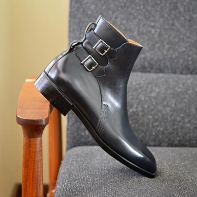 New men’s black double buckle ankle high leather derby handmade, men’s boot - Thumbnail 4
