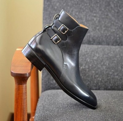 New Men’s Black Double Buckle Ankle High Leather Derby Handmade, Men’s Boot
