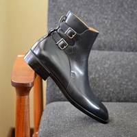 New Men’s Black Double Buckle Ankle High Leather Derby Handmade, Men’s Boot - Thumbnail 4
