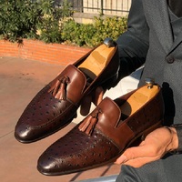 Handmade Men Brown Calf-Skin Leather Tassel Loafer Shoes - Thumbnail 4