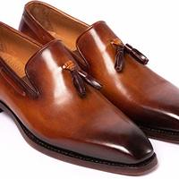 Men’s Handmade Mens Brown Goodyear Welted Tassel Loafers Shoes - Thumbnail 4