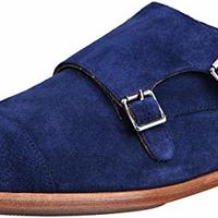 Men’s Monk Strap Blue Loafers Handmade Leather Dress Shoes - Thumbnail 1