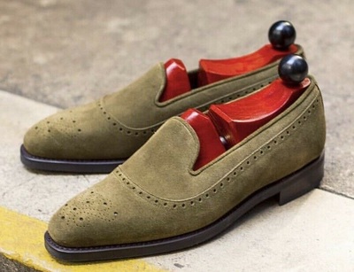 Men’s Handmade Pure Olive Suede Leather Stylish Loafer Moccasin Shoes