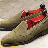 Men’s Handmade Pure Olive Suede Leather Stylish Loafer Moccasin Shoes - Thumbnail 4