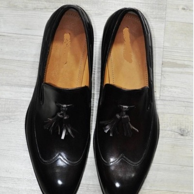 New handmade mens italian leather tassel black luxury loafers shoe
