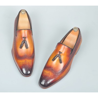 New handmade men’s luxury tan brogue mens italian leather tassel loafers shoes