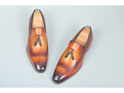 NEW HANDMADE MEN’s LUXURY TAN BROGUE MENS ITALIAN LEATHER TASSEL LOAFERS SHOES
