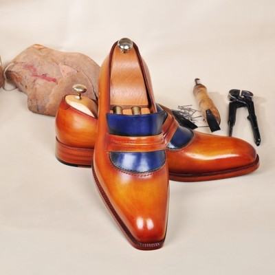 New handmade men’s leather luxury handpolished tan & blue mens loafers shoe