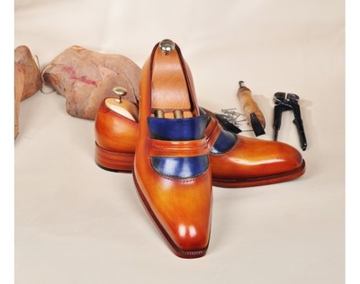 NEW HANDMADE MEN’s LEATHER LUXURY HANDPOLISHED TAN & BLUE MENS LOAFERS SHOE