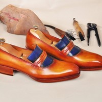 NEW HANDMADE MEN’s LEATHER LUXURY HANDPOLISHED TAN & BLUE MENS LOAFERS SHOE - Thumbnail 4