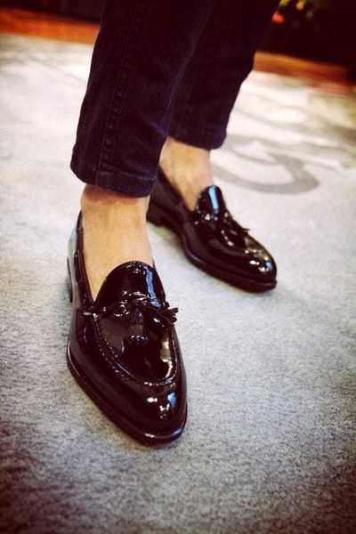 Handmade Men’s Genuine Black Patent Leather Tassels Slip On Moccasins Shoes