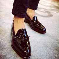 Handmade Men’s Genuine Black Patent Leather Tassels Slip On Moccasins Shoes - Thumbnail 1