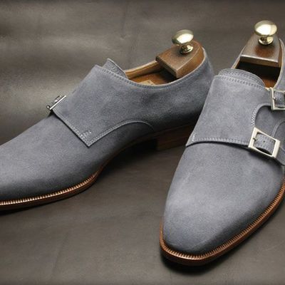 Men’s handmade double monk gray casual suede leather office shoes