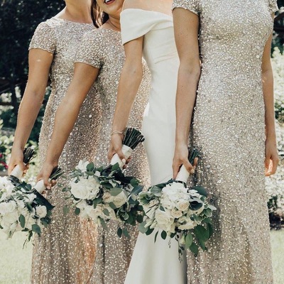 Sheath long bridesmaid dresses with short sleeves - Thumbnail 4