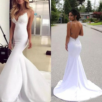 Spaghetti straps white mermaid/trumpt prom dresses with lace - Thumbnail 2